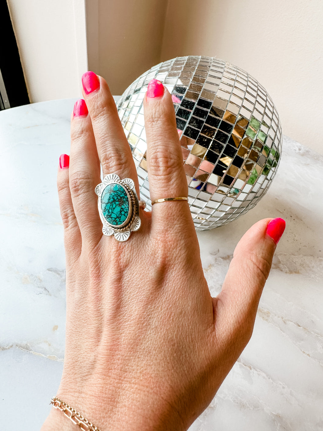 Stamped Detail Turquoise Statement Ring size 7