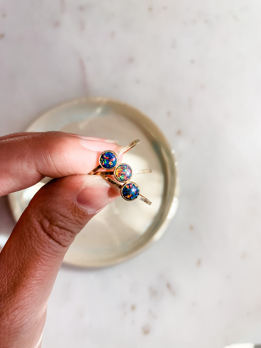 Tiny Black Opal Stacker Gold Ring