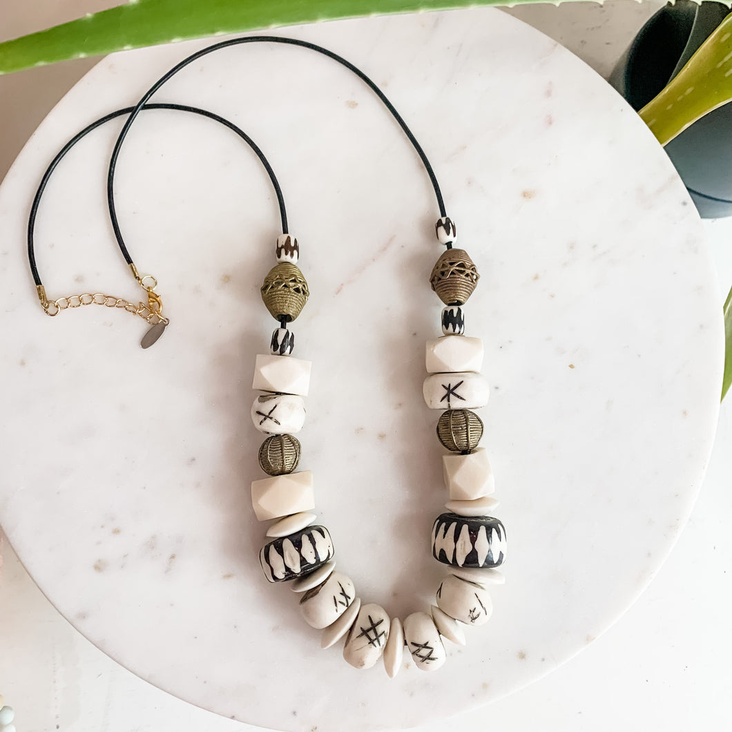 Black and White Chunky Bone Bead Layering Necklace